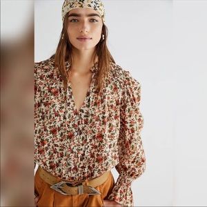 Free People Meant To Be Floral Tie Puff Sleeve Blouse Top